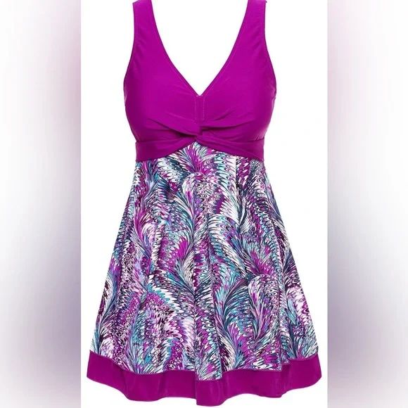 NWT đź’śMiYang Women's Plus Size Printing Padded High Waist Swimdress - Picture 1 of 9